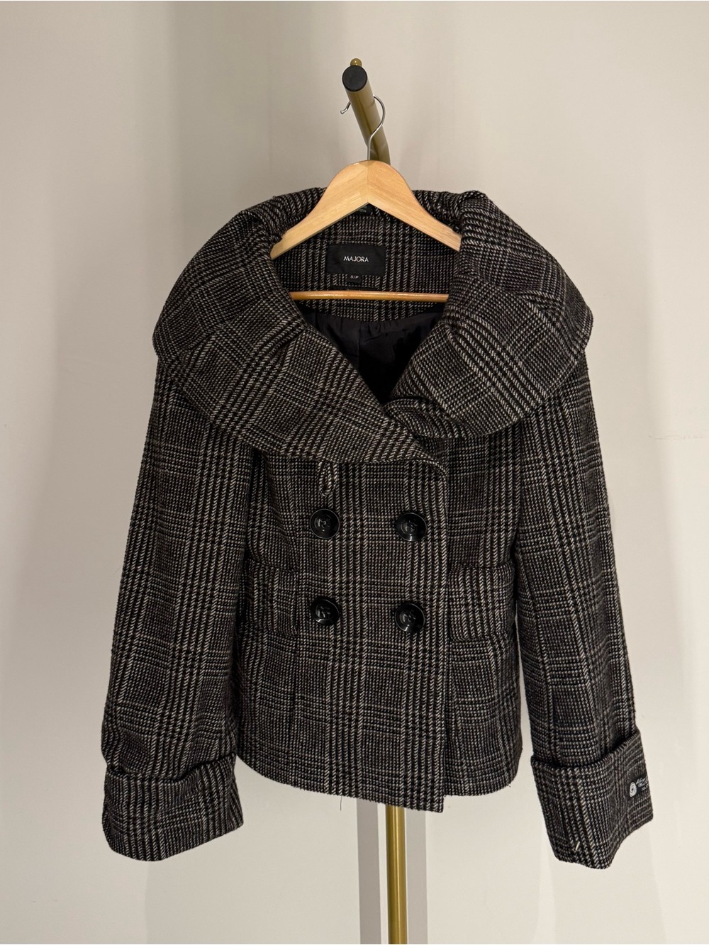 Majora Black and Gray Plaid Double-Breasted Shawl Collar Pea Coat